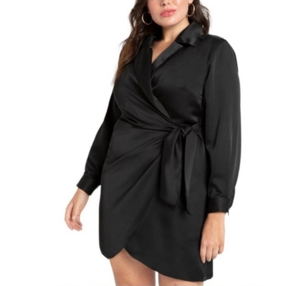 Eloquii Elegant Black Satin Wrap Dress Padded Shoulders Tulip Hemline - Picture 14 of 15